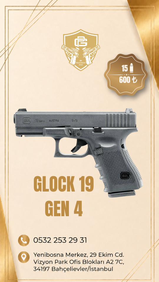 GLOCK 19 GEN4, 9×19 mm mühimmatı ve 15 fişek kapasiteli şarj...