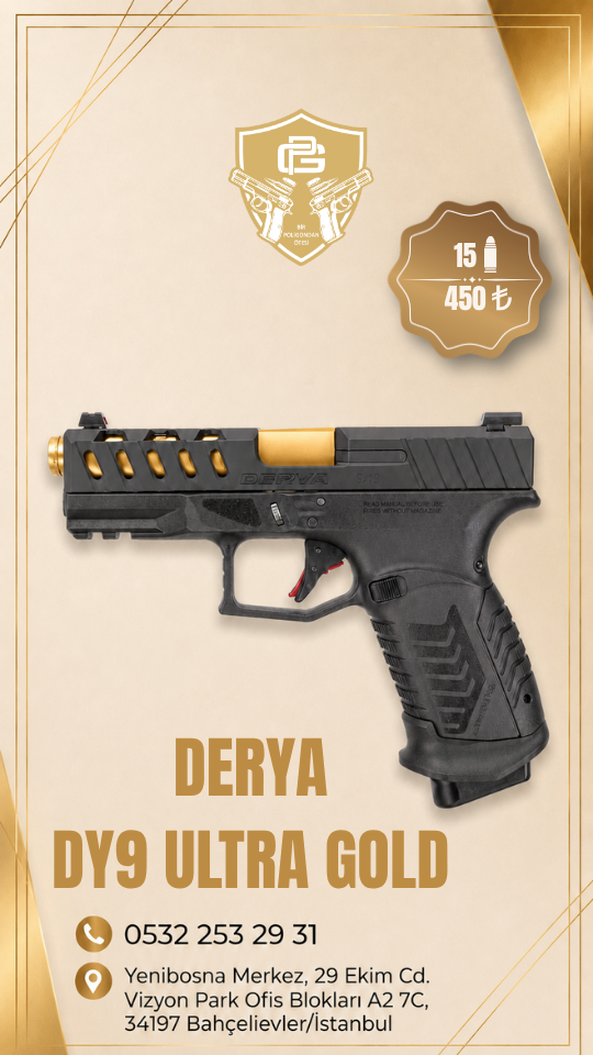 DERYA DY9 ULTRA GOLD, 9×19 mm kalibresi ve 15 fişek kapasite...