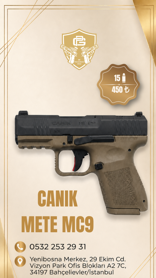 CANIK METE MC9, 9×19 mm kalibresi ve 15 fişek kapasiteli şar...